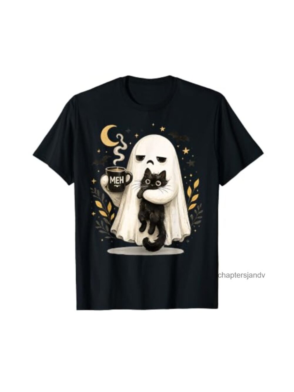 Funny Halloween Ghost Cat Coffee Lover Graphic Tee Short Sleeve